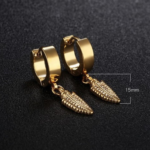 Feather Leaves Dangle Huggie Hinge earrings - Picture 4 of 8